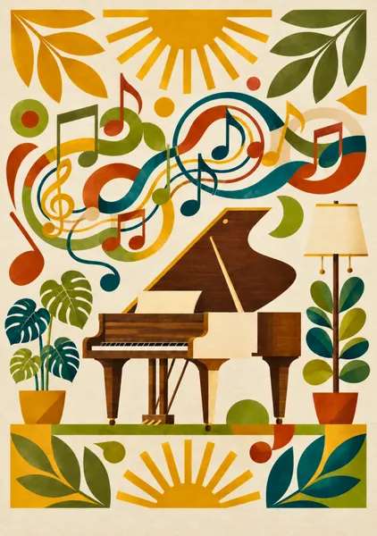 Grand Piano and Musical Notes | Mid-Century Modern Music Art - Yuri Morino