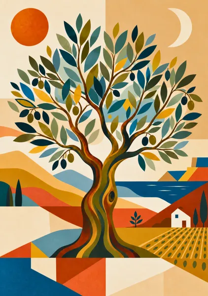 Olive Tree in a Geometric Landscape — Contemporary Art - Yuri Morino