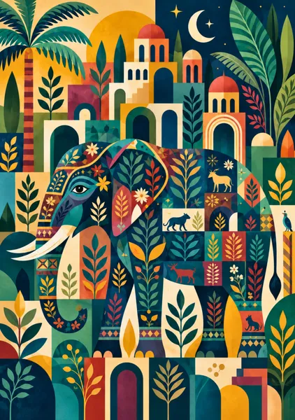 A Desert City with Geometric Patterns and an Elephant - Yuri Morino