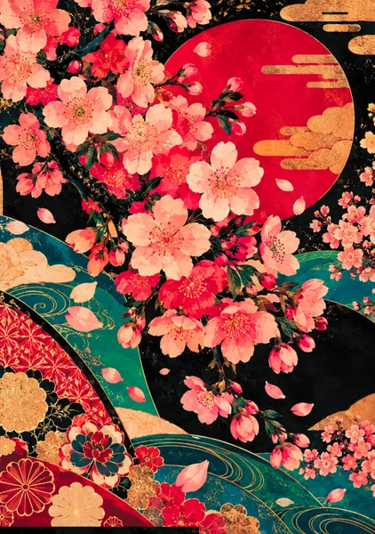 Japanese Cherry Blossom Art | Gold Clouds and Teal Waves | Traditional Japanese Style - Yuri Morino