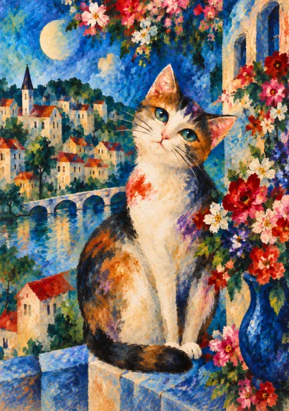 Calico Cat Gazing at the Town Under Moonlight - Yuri Morino