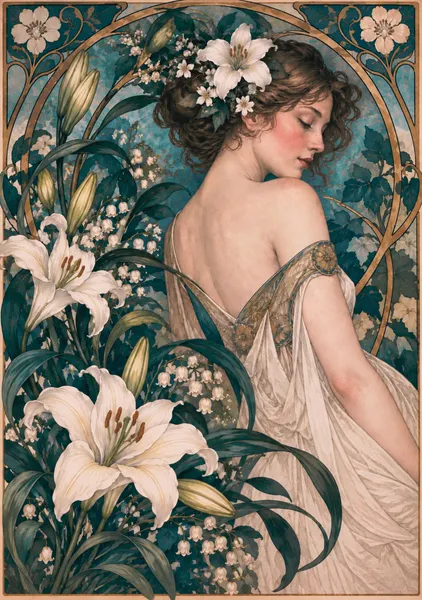 A Dreamy Woman Among Lilies and Lily of the Valley - Yuri Morino