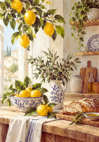 A Sun-Drenched Mediterranean Kitchen with Lemons and Olive Branches - Yuri Morino