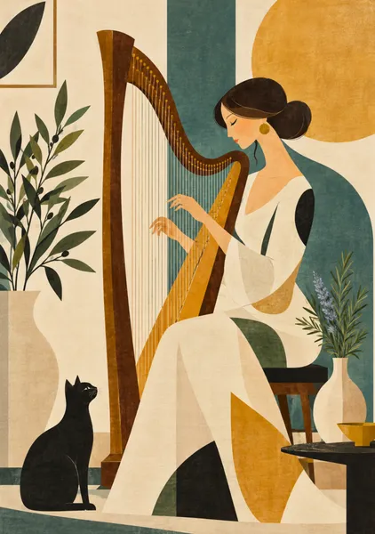 Woman Playing Harp with Cat | Mid-Century Modern Art - Yuri Morino