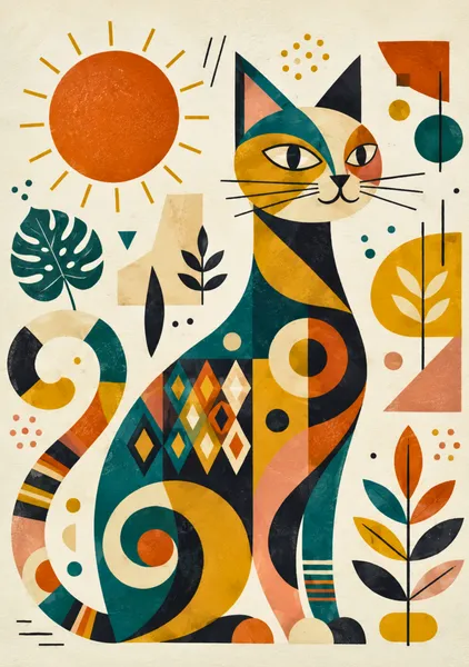 Geometric Cat and Botanical Forms — Colorful Modern Art - Yuri Morino