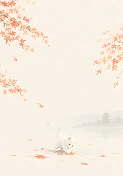 Autumn in Kyoto: A White Kitten at Play　京の秋、紅葉と遊ぶ白猫 - ekomaru
