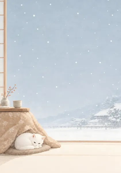Winter Snowfall: A White Kitten by the Kotatsu　雪降る冬、こたつで眠る白猫 - ekomaru