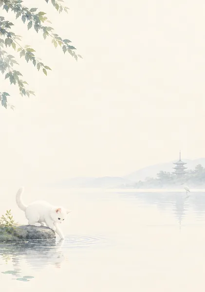 Summer Serenity in Kyoto: A White Kitten and Heron　京の夏、水辺の白猫と白鷺 - ekomaru
