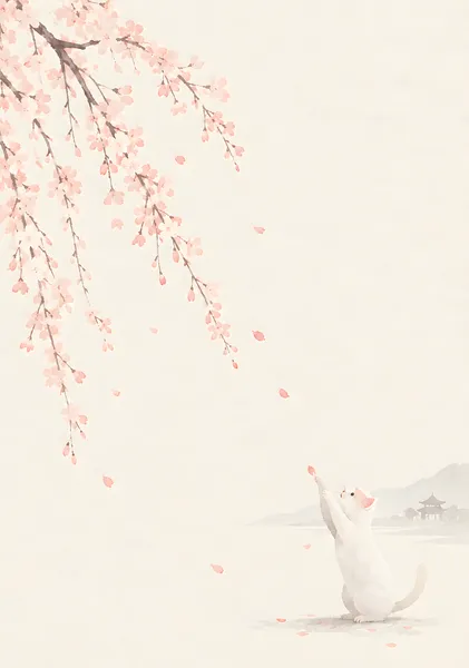 A Little Cat Reaching for Spring－Cherry Blossoms in a Gentle Breeze　春に手を伸ばす白猫 - ekomaru