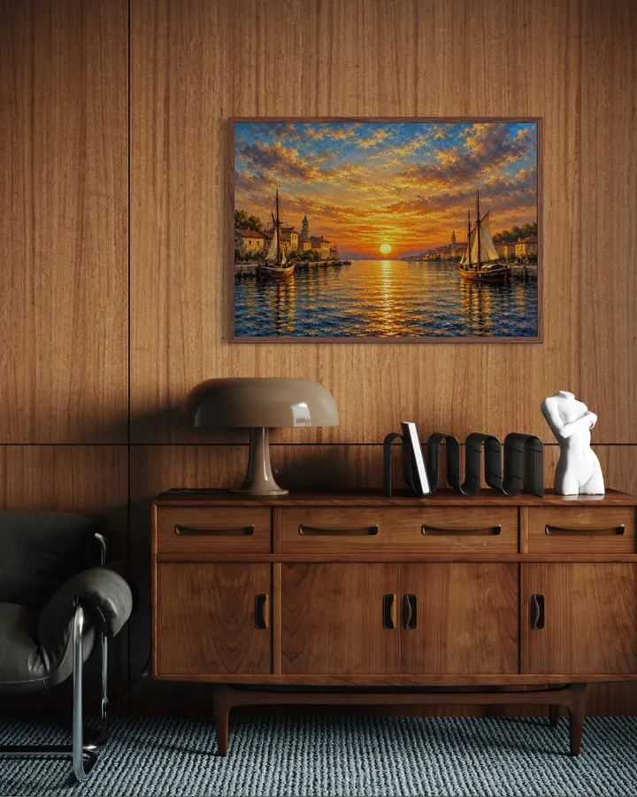 黄金の港|夕焼けと帆船を描いた油彩風の風景画・アートプリント