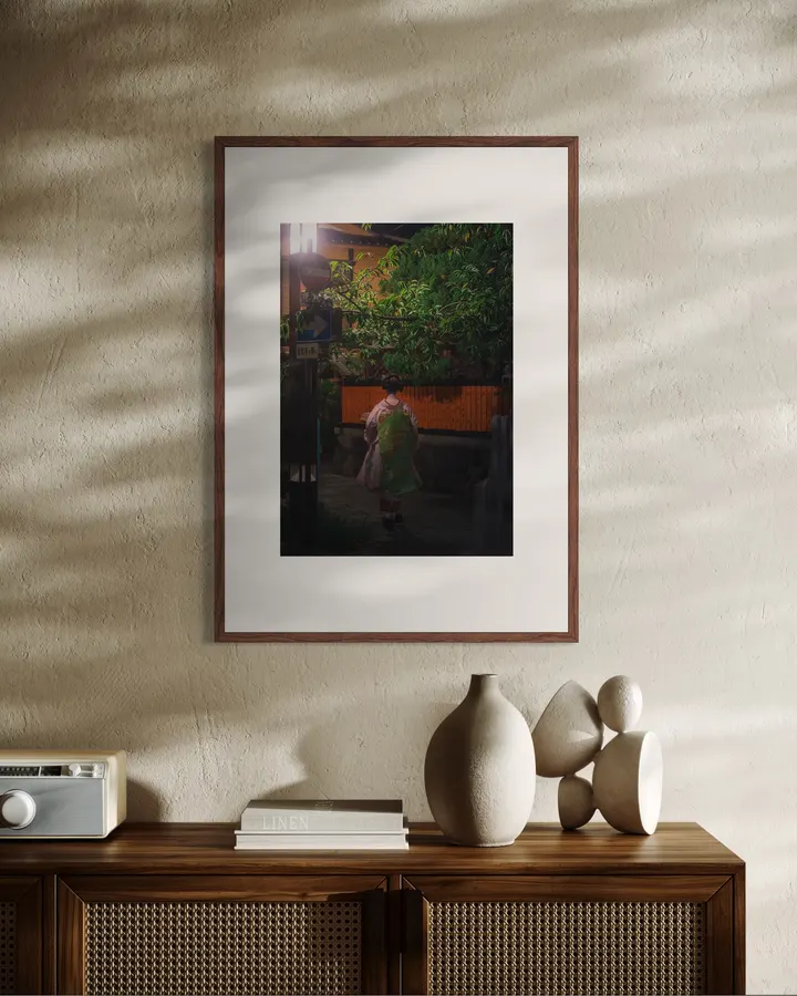 Gion Night Corner, Green Branches – Maiko Photography Print