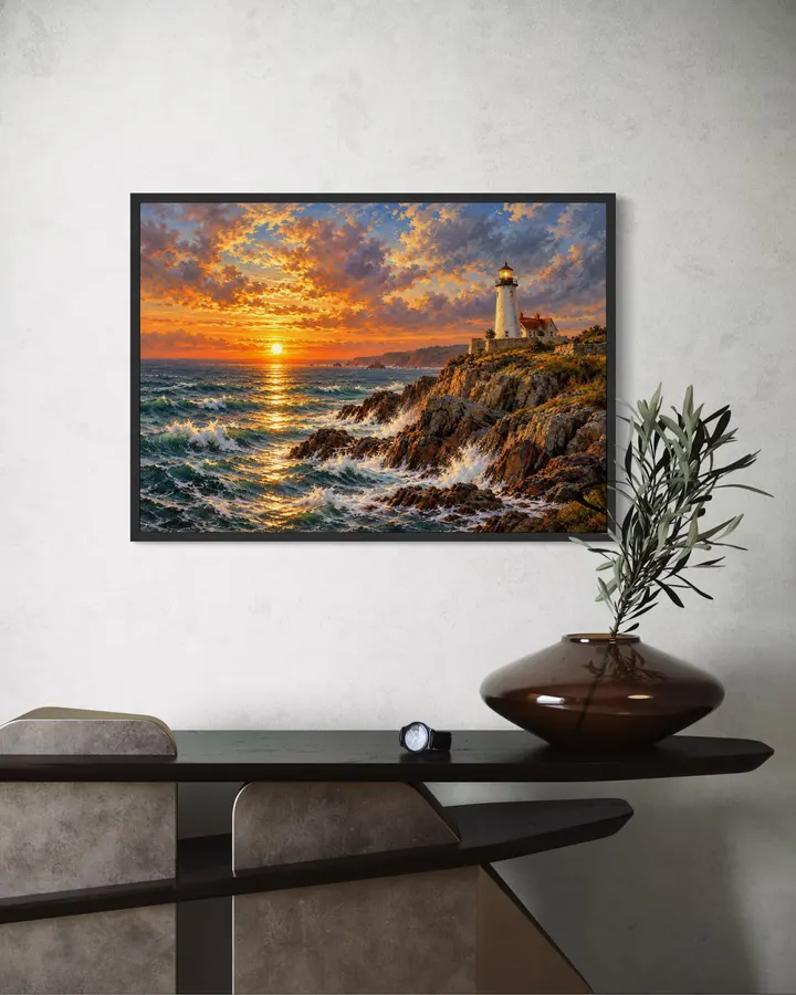 夕陽に輝く岬の灯台｜海の風景画・油彩画風アートポスター・インテリア絵画 - MASAYA YOSHII