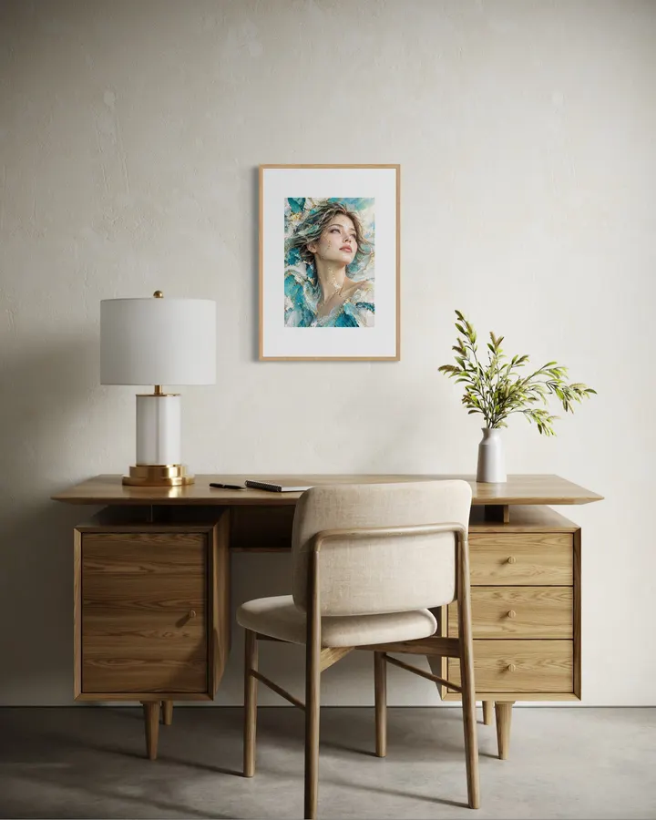 Kintsugi Japanese Turquoise Crystal Art - Framed Luminous Female Portrait Poster - KINTSUGI LUMI