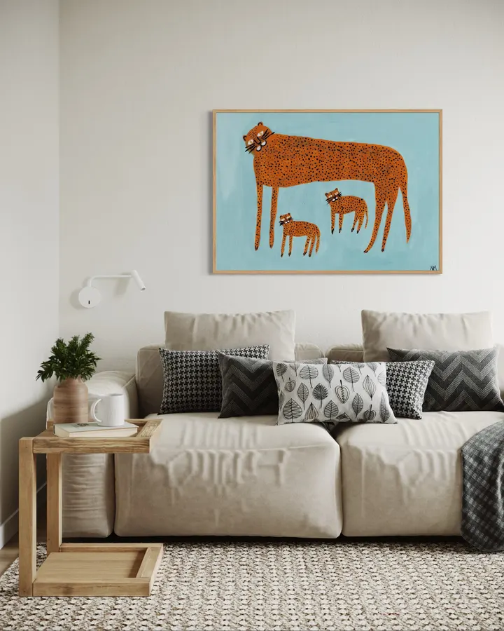 Leopard and baby leopard on blue. - Nancy McKie