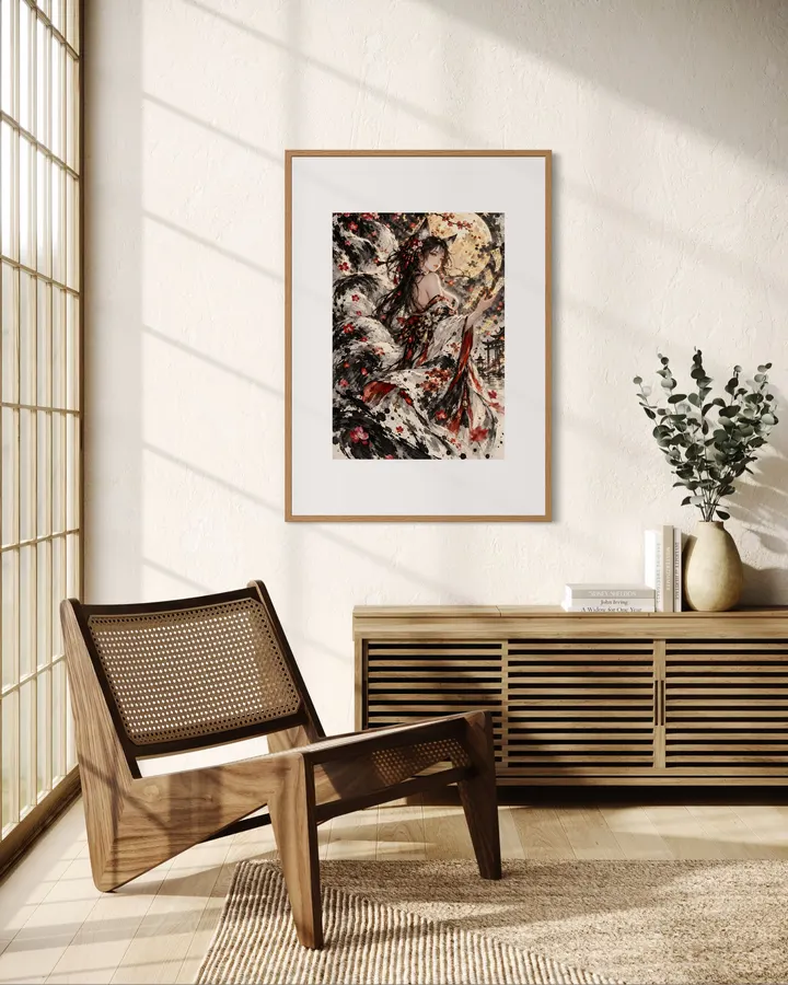 月夜に魅せられた九尾の狐｜幻想的な和風墨絵 | Enchanted Nine-Tailed Kitsune – Japanese Sumi-e Ink Art - konkapo00