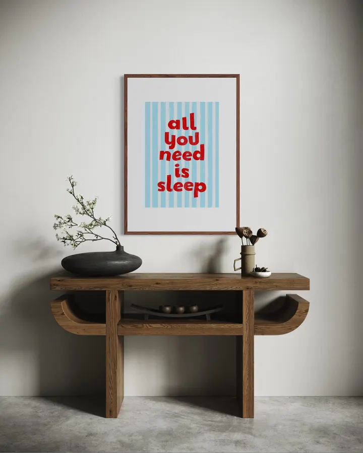 All You Need Is Sleep – Retro Blue Stripe Quote Art Print - ShowMeMars