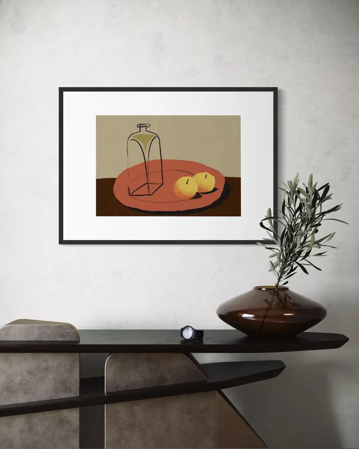Still Life with Glass Decanter & Lemons in Terracotta & Ochre - Little Dean