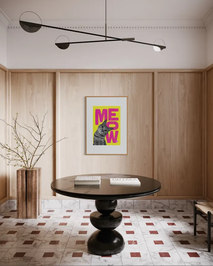 Meow – Retro Pink & Yellow Tabby Cat Collage Print - ShowMeMars