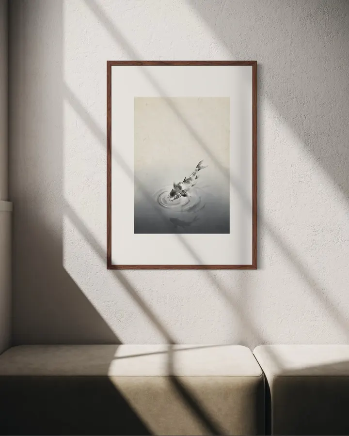 Ripples and Koi: Minimalist Japanese Sumi-e Art Print - 稲山いこい