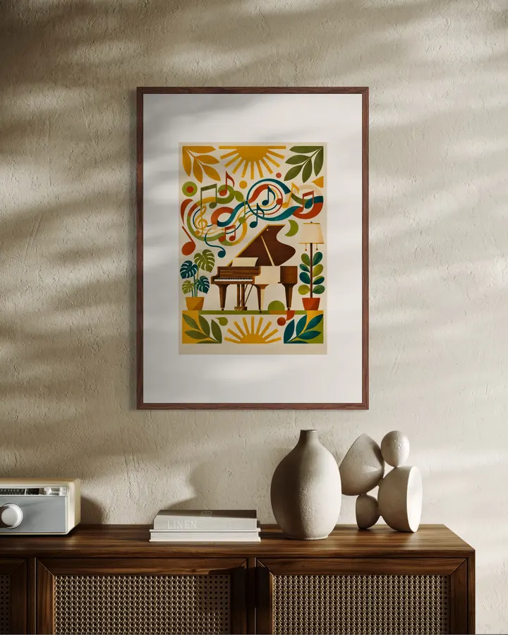 Grand Piano and Musical Notes | Mid-Century Modern Music Art - Yuri Morino