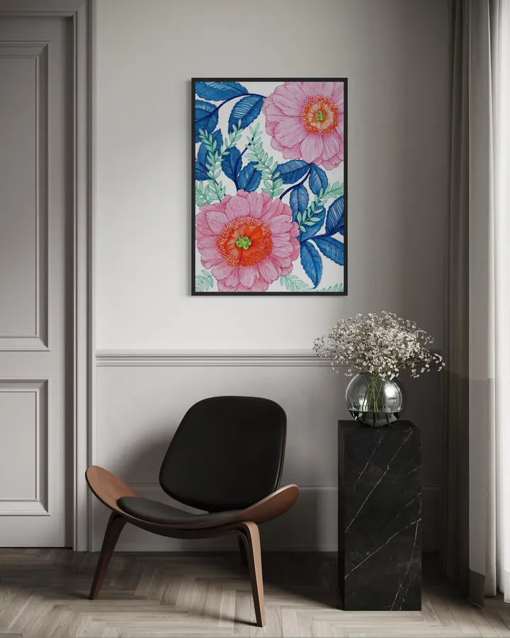 Big Pink Florals with Blue Leaves