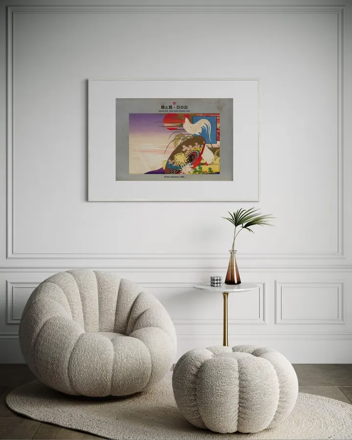 Japanese Wall Art Print - Rooster, Fan and Rising Sun