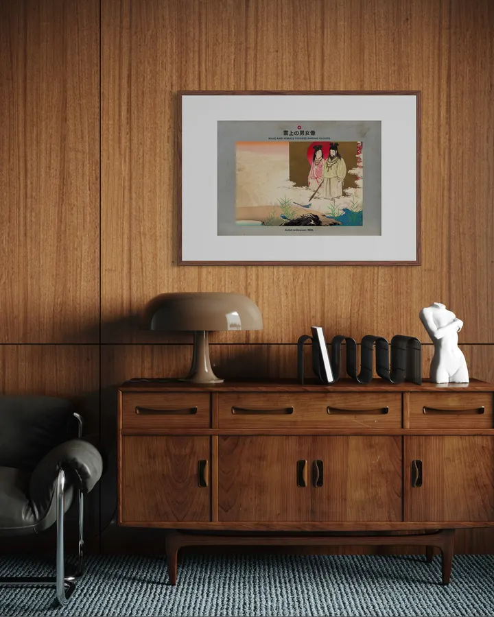 Japanese Wall Art Print - Male and Female Figures among Clouds