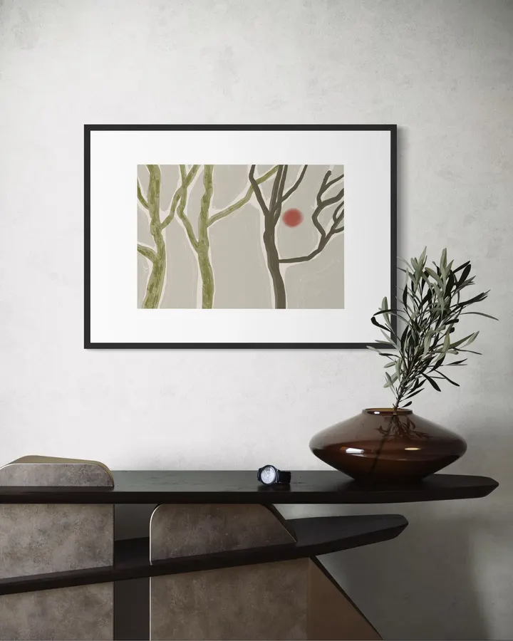 Abstract Forest & Red Sun in Sage & Clay - Little Dean