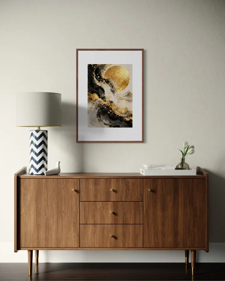 Gilded Moon Shadow — Black, White & Gold Abstract Giclée Print