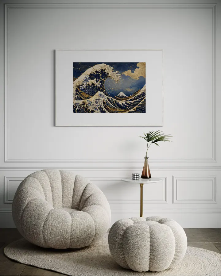 Kintsugi Great Wave – Indigo & Gold Hokusai-Inspired Art - CocoHare Production