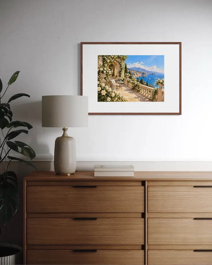 海を望む白い薔薇のテラス｜地中海の風景画・アンティーク油彩風インテリア絵画 - MASAYA YOSHII