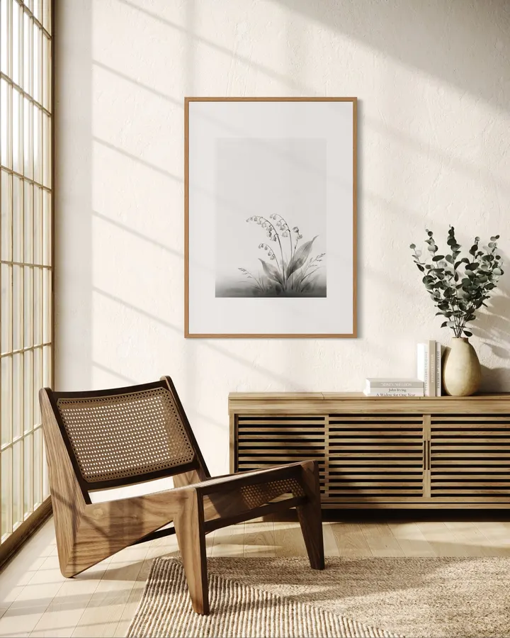 Graceful Lily of the Valley: Minimalist Japanese Sumi-e Art Print - 稲山いこい