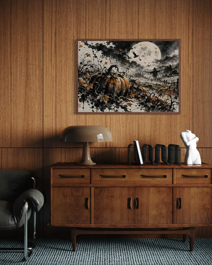 月夜の魔法のカボチャ畑 | Enchanted Pumpkin Patch Under the Harvest Moon – Japanese Sumi-e Ink Art - konkapo00
