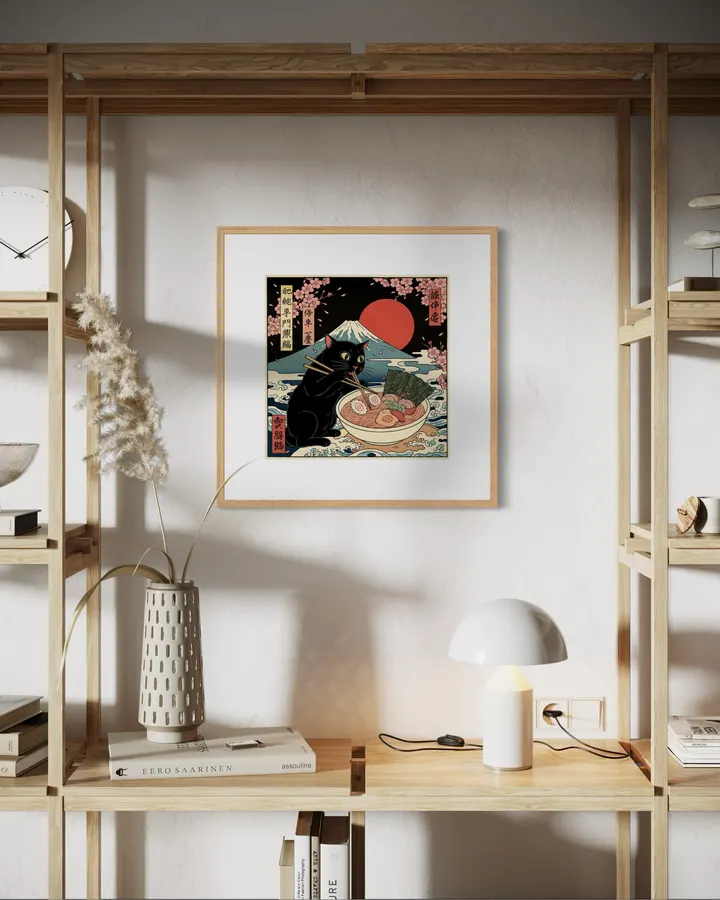 黒猫ラーメン富士日浮世絵Black Cat Ramen Fuji Sun Ukiyo-e - 縁糸