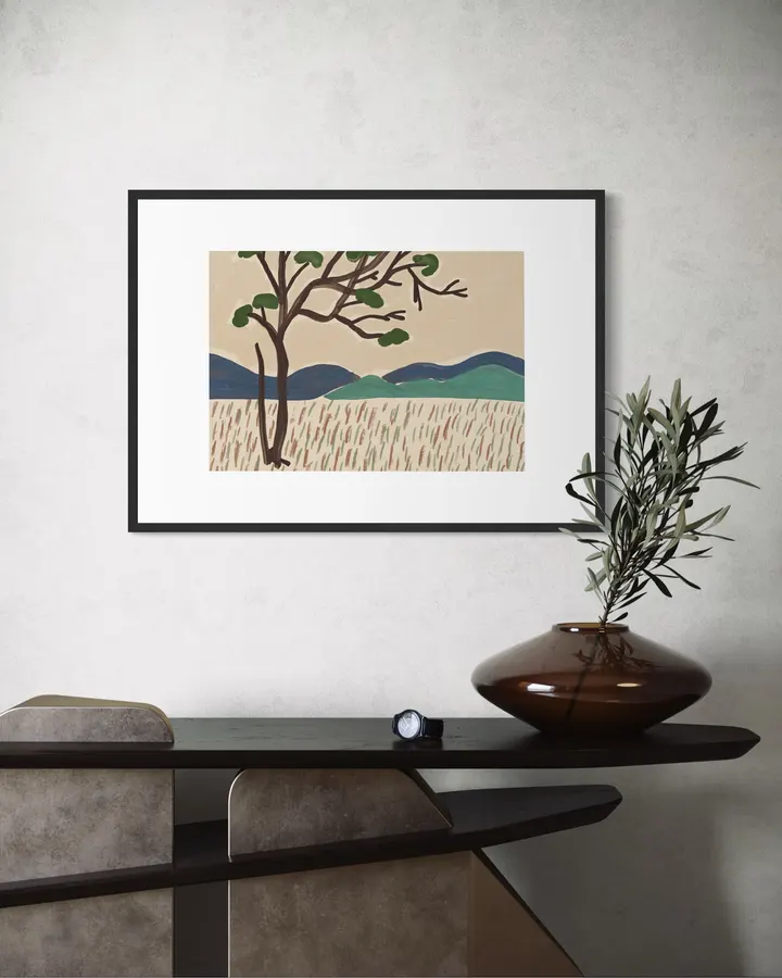 Stylized Trees over Rolling Hills in Sage & Ochre - Little Dean