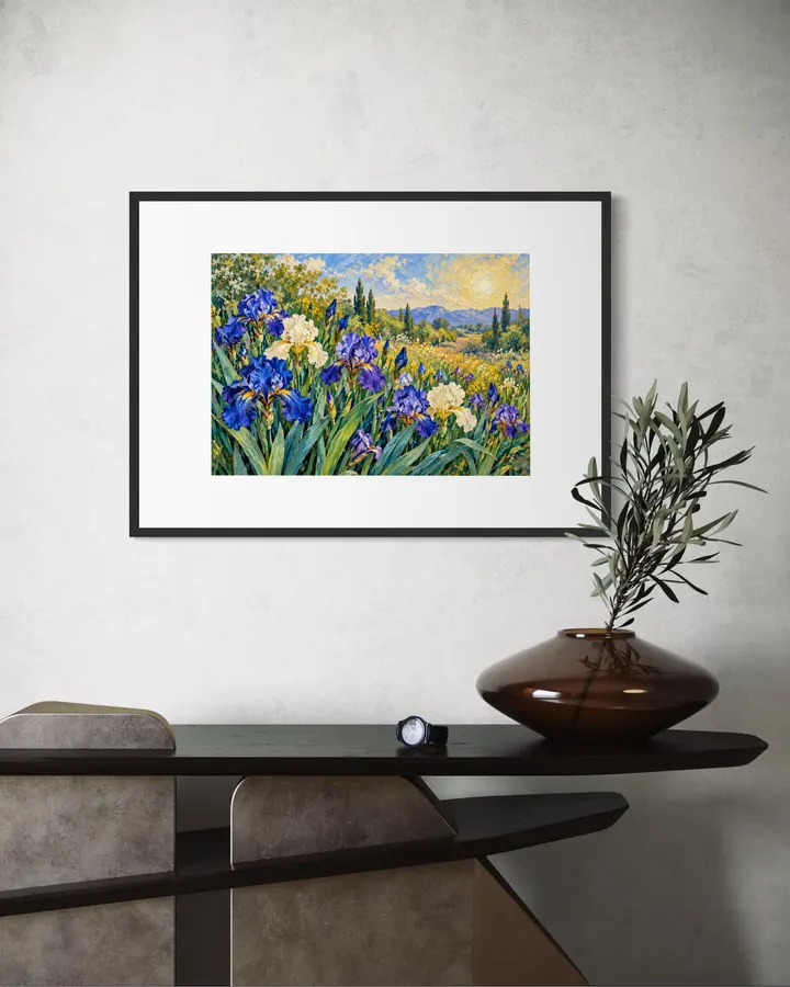 陽光に咲くアイリスの庭｜青紫の花と風景のアート｜油彩調ジークレープリント - MASAYA YOSHII