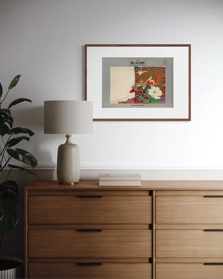 Japanese Wall Art Print - Crane and Floral Motifs