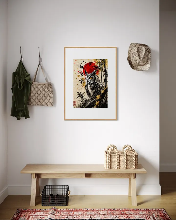 Owl of the Rising Sun — Japanese Ink Art - case_k_128