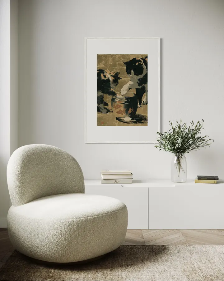 FUKU -福‐ Playful Duo  Two Calico Cats & Goldfish Bowl Canvas, Oriental Wall Art - Ck