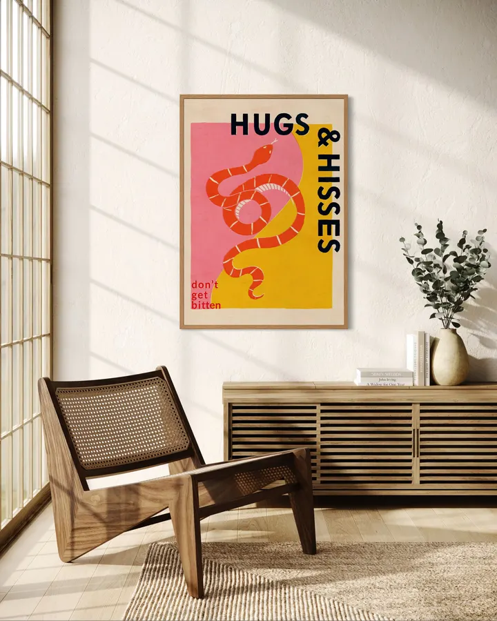 Hugs & Hisses – Retro Snake Pink & Yellow Typography Print - ShowMeMars