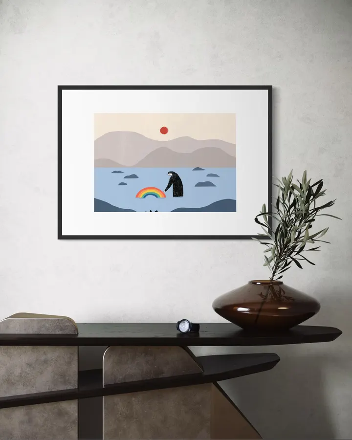 Figure & Rainbow by the Shore with Red Sun - Little Dean