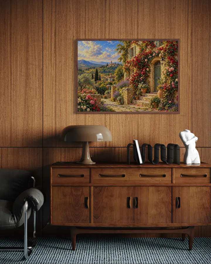 トスカーナの薔薇咲く小径｜イタリア風景画・油彩画風アートポスター - MASAYA YOSHII