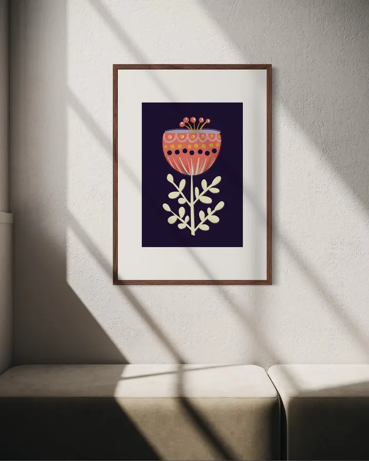 Folk Floral Bloom – Navy Scandinavian Botanical Art Print - ShowMeMars