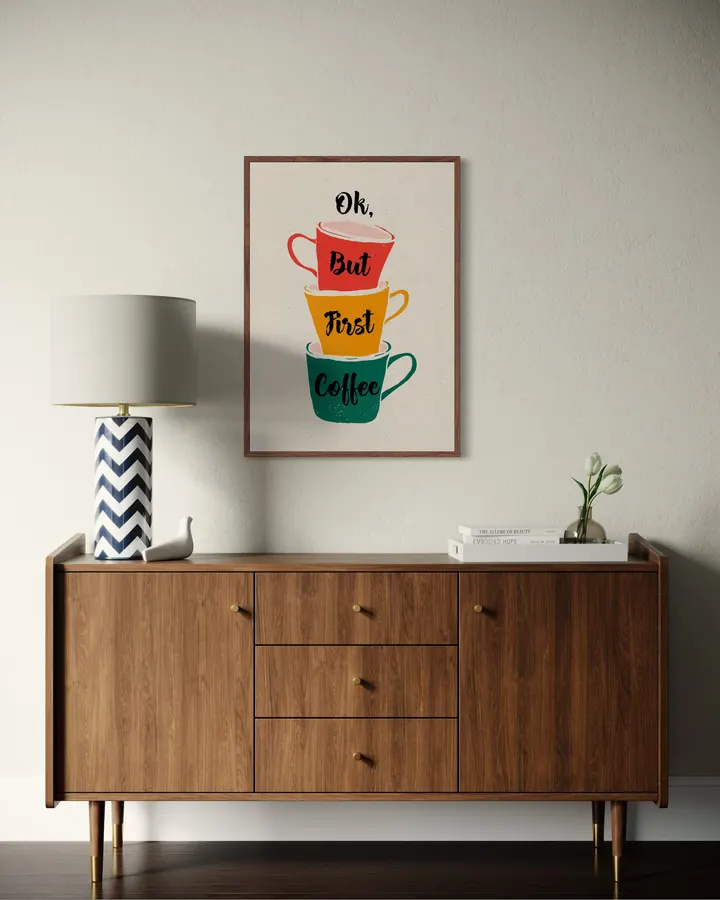 Ok But First Coffee – Retro Stacked Mugs Art Print - ShowMeMars