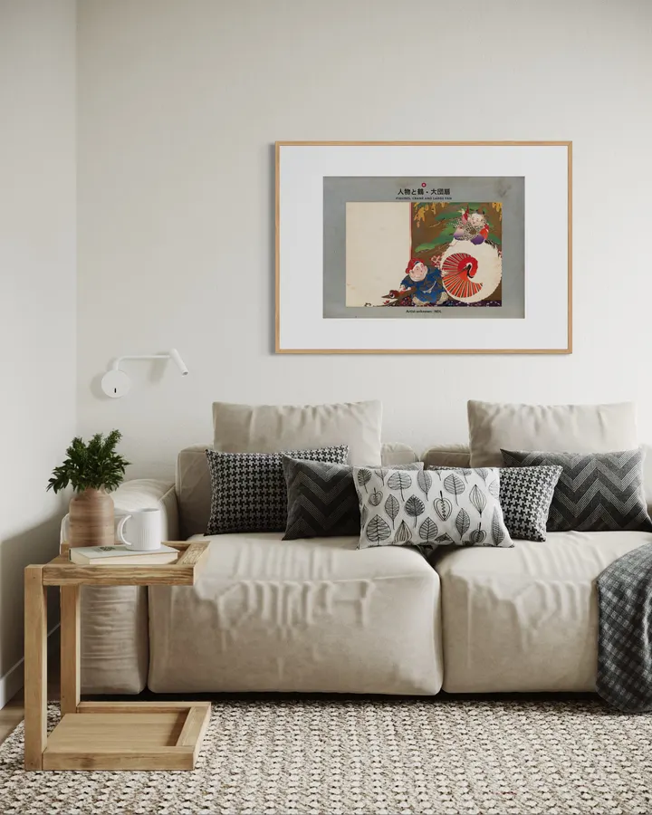 Japanese Wall Art Print - Figures, Crane and Large Fan