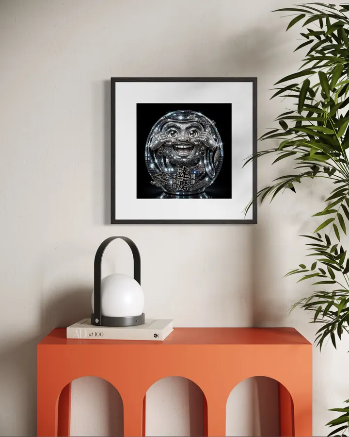 達磨 可愛いミラーメタリック浮世絵|縁起物アートポスター Cute Daruma Mirror Metallic Ukiyo-e Art Poster | Japanese Lucky Charm