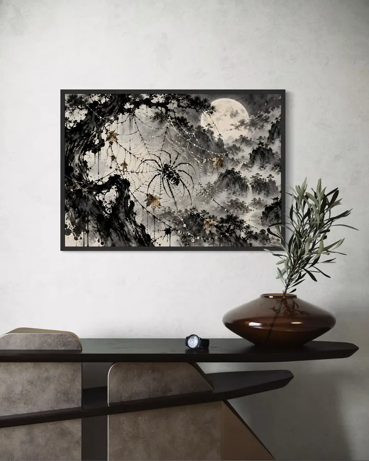 月夜に浮かぶ蜘蛛の巣｜幻想的な日本の水墨画 | Moonlit Spiderweb – Mystical Japanese Sumi-e Ink Art - konkapo00