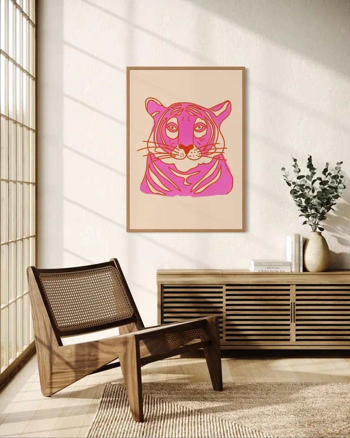 Pink Tiger – Retro Linocut Animal Art Print - ShowMeMars