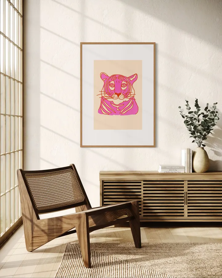 Pink Tiger – Retro Linocut Animal Art Print - ShowMeMars