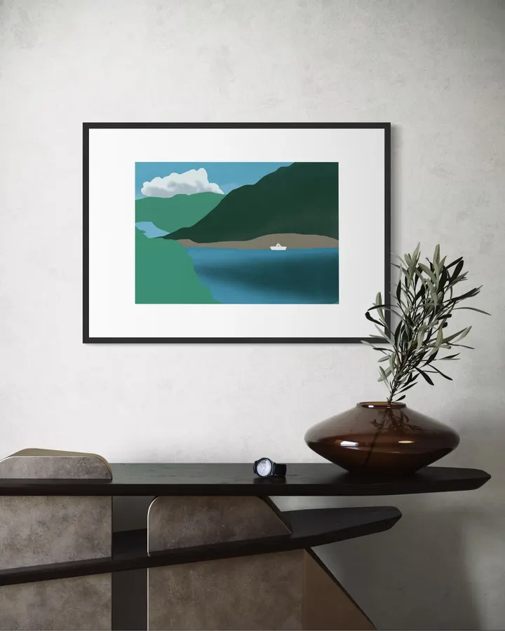 Serene Coastal Bay & Sailboat in Emerald & Indigo - Little Dean